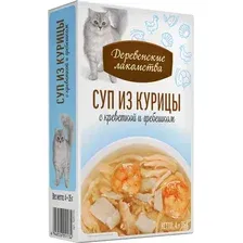 Влажный корм для кошек Деревенские лакомства Суп из курицы с креветкой и гребешком (4x35г)