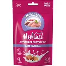 Лакомство для кошек Molina Anti-Hairball Хрустящие подушечки с начинкой из курицы и утки (60г)