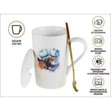 Кружка керамическая с крышкой и ложкой, 350 мл., PEONY, PERFECTO LINEA