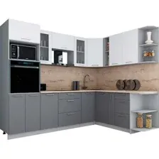 Готовая кухня Интерлиния Мила Gloss 1.88x2.8 правая (белый софт/серый софт/травертин серый)